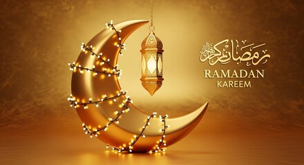 Gleaming golden crescent moon decorated with warm string lights, a traditional Islamic lantern, and Arabic calligraphy for Ramadan Kareem.