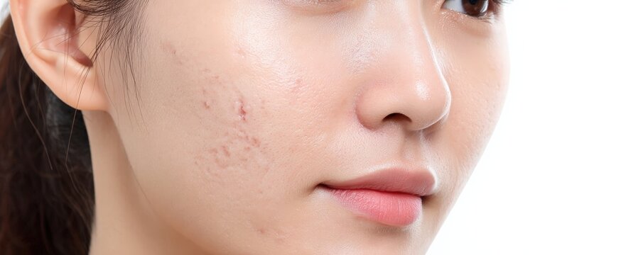 A close-up of a woman"s face showing skin imperfections, highlighting acne scars and a natural complexion with a soft glow.