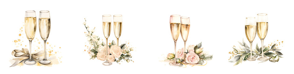Set of watercolor wedding champagne glasses illustrations on a transparent background