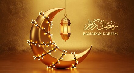 Radiant golden crescent moon with bright string lights and a classic Islamic lantern, illuminated against a warm, festive background for Ramadan Kareem.