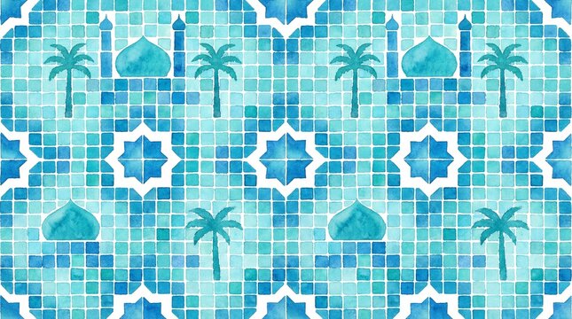 Blue mosaic tiles pattern with palm trees and mosques islamic art seamless background for cultural designs and decorations