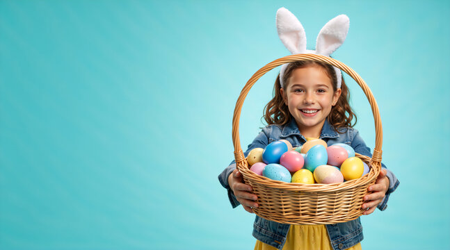 Happy girl in bunny ears holding a basket of colorful Easter eggs. Cheerful child celebrating the spring holiday on a turquoise background with copy space