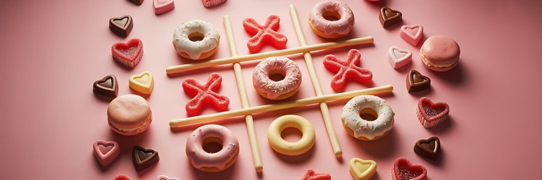 Colorful sweets and candies arranged in tic tac toe game on pink background