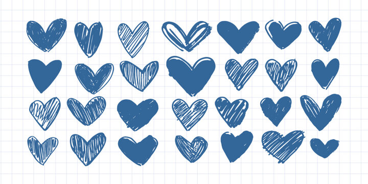 Hand drawn doodle hearts sketch collection on a blue squared notebook background. 
