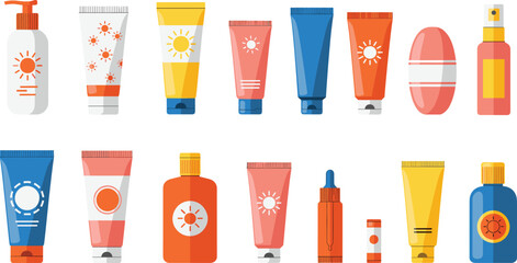 Sunscreen and sun protection cosmetic bottle set with lotion spray tubes and skincare containers summer flat vector illustration