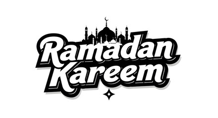 Bold black and white 'Ramadan Kareem' typography with stylized mosque silhouettes, perfect for Islamic holiday announcements and designs.