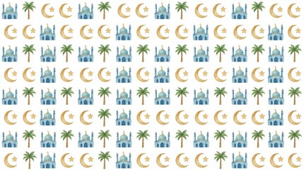 Obraz premium Islamic pattern with mosque palm tree crescent moon and star icons in blue gold and green colors on transparent background for ramadan kareem
