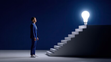Fototapeta premium Businessman Standing Before Stairs Leading to Giant Light Bulb Symbolizing Ideas, Inspiration, and Success in Dark Blue Background
