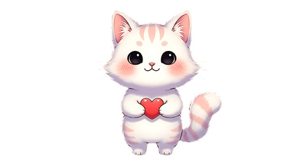 Obraz premium Cute kawaii kitten holding a small red heart isolated on transparent background