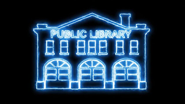 Neon Blue Library Building Silhouettes At Night.