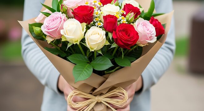 Person holding bouquet of red pink and white roses wrapped in brown paper flowers hands