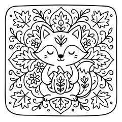 Fototapeta premium A whimsical black-and-white illustration of a fox surrounded by leaves and flowers, perfect for coloring or art projects.