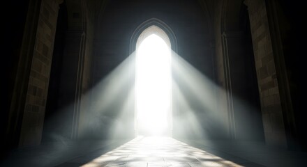 Mysterious and awe-inspiring view through an arched doorway in a dark hall, with bright sunlight streaming through, symbolizing hope and spirituality.