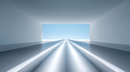 Obraz premium Futuristic Perspective of a Minimalistic Tunnel Leading to a Clear Blue Sky with Smooth Surface Reflections and Soft Lighting Effects