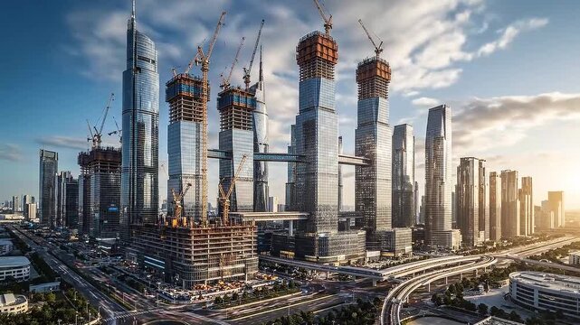 Cityscape construction site with cranes, skyscrapers, and urban infrastructure under development in a bustling metropolis at sunrise.