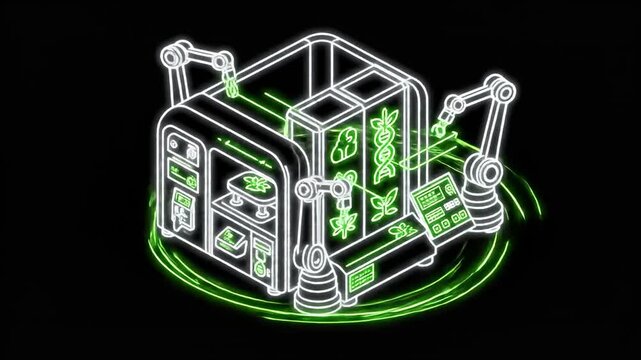 Isometric Robotic Cube Showcasing Green Leaves and Eco Technology.