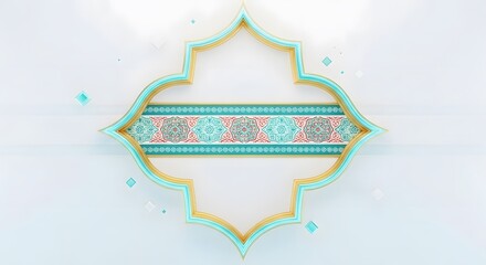 Modern Islamic architectural frame with gold and teal accents, featuring a central decorative band and floating geometric shapes on a white background.