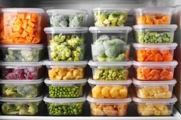 Open freezer with organized food storage containers