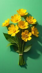 Fototapeta premium Yellow Flower Bouquet PNG – Bright Daisies with Green Leaves on Solid Green Background for Spring Decor