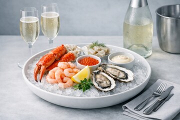 Fototapeta premium Generous selection of lobster, prawns, oysters, roe and sauces beautifully arranged on crushed ice with lemon and champagne, ideal for celebratory menus and promotions.