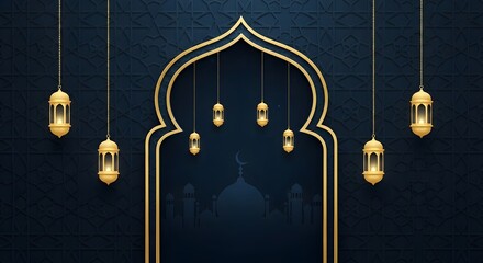 Grand Islamic arched gateway decorated with golden lanterns and intricate patterns, framing a subtle mosque silhouette against a dark blue background.