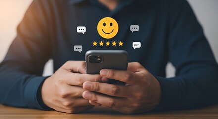 Person holding smartphone displaying glowing customer satisfaction feedback with five golden stars and happy emoji for excellent service review
