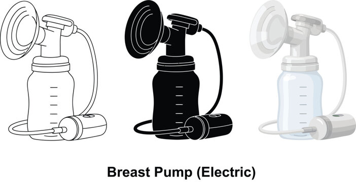 Collection of electric breast pump icons representing different styles like outline silhouette and color for medical or parenting use isolated on white