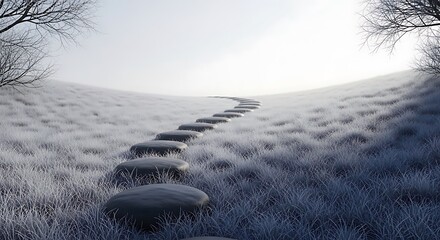 Frosted grassy hill with stone pathway and bare trees on a sunny day