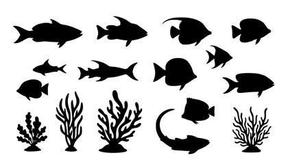 sea animals, fish, algae set silhouette ,on white background, vector
