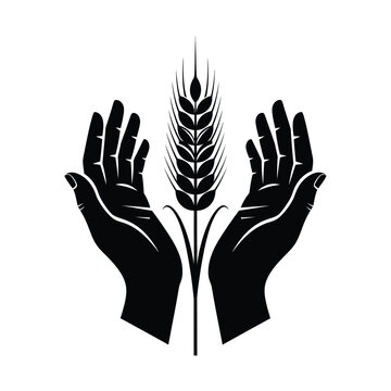 Vector illustration icon black silhouette of hands holding a wheat stalk