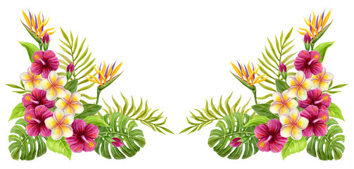 Fototapeta premium Tropical frame. Hand drawn watercolor painting with Hibiscus flowers and palm leaves. Tropics summer border composition. Floral ornament.