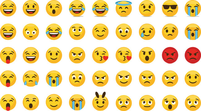 Collection of colorful emoji faces showing different emotions, moods, reactions, and facial expressions in modern flat vector style
