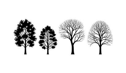 Fototapeta premium Four tree silhouettes showing seasonal growth stages black vector illustration