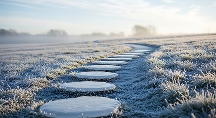 Frosty grassy field with stepping stones pathway on a winter morning