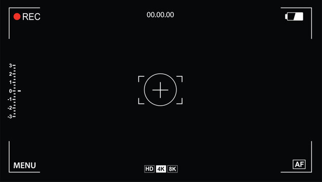 4k 8k video Camera viewfinder recording interface on a black background with focus reticle, REC indicator, timecode, resolution icons, and UI elements.