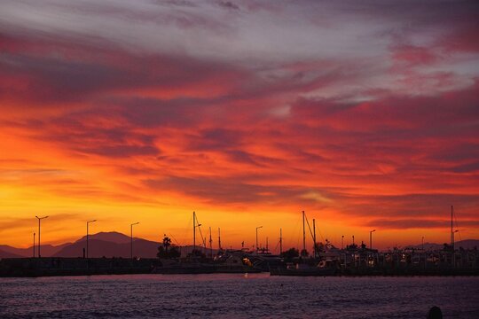 A fiery sunset from the shore of Glyfada, in Athens, Greece