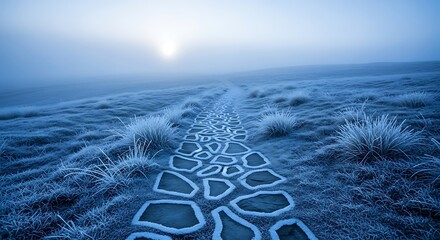 Frosty stone path through grassy field on foggy day