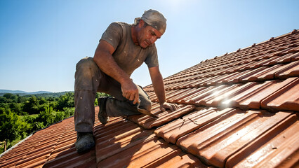 Authentic Man Installing Clay Tile Roofing System with Tools at Height