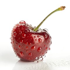 A single red ripe strawberry with water droplets, isolated on pure white background, product photography style