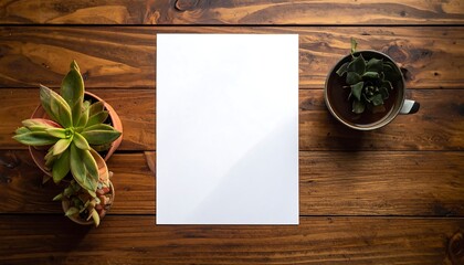 Blank Paper on Wooden Desk with Plants for Mockup.