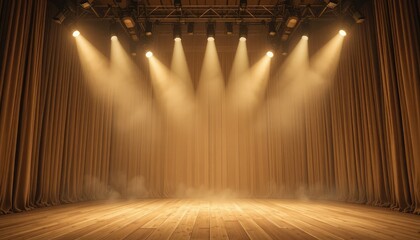 Empty stage with golden curtains and spotlights theater