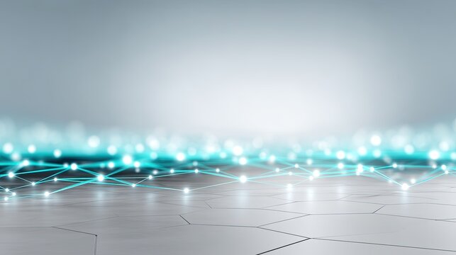 Abstract futuristic background with glowing hexagonal pattern and illuminated connections in blue and white tones, perfect for technology themes