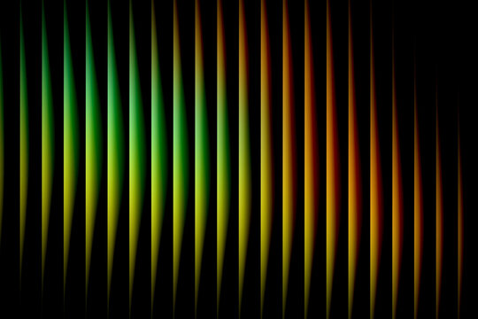 Abstract vertical gradient light lines on black background forming modern geometric wave pattern. Vibrant green, yellow, and red glow stripes create dynamic futuristic design, technology backdrop. 4K