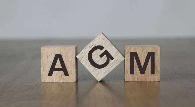 AGM annual general meeting concept with wooden blocks on desk, representing corporate governance, shareholder assembly, business strategy, financial reporting, management communication and planning