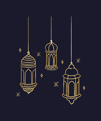 Fototapeta premium Ramadan Islamic Hanging Lantern Gold Line Art Illustration on Dark Background