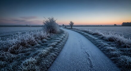 Frosty road through winter landscape at sunrise