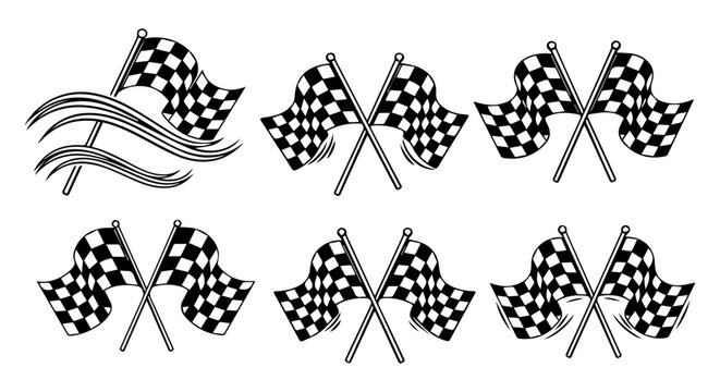 Collection of checkered racing flags in various arrangements black and white silhouette
