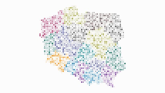 Poland animated country shape. Pulsating colored dots on the map of the country. Small size square blocks. Digital style Poland map on white background. Amazing animation video.
