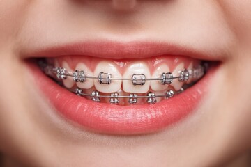 Obraz premium Child smiling with metal dental braces