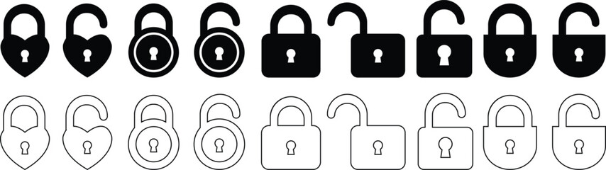 A collection of black and white padlock icons showcasing various styles and designs in outline and solid forms high-quality professional
